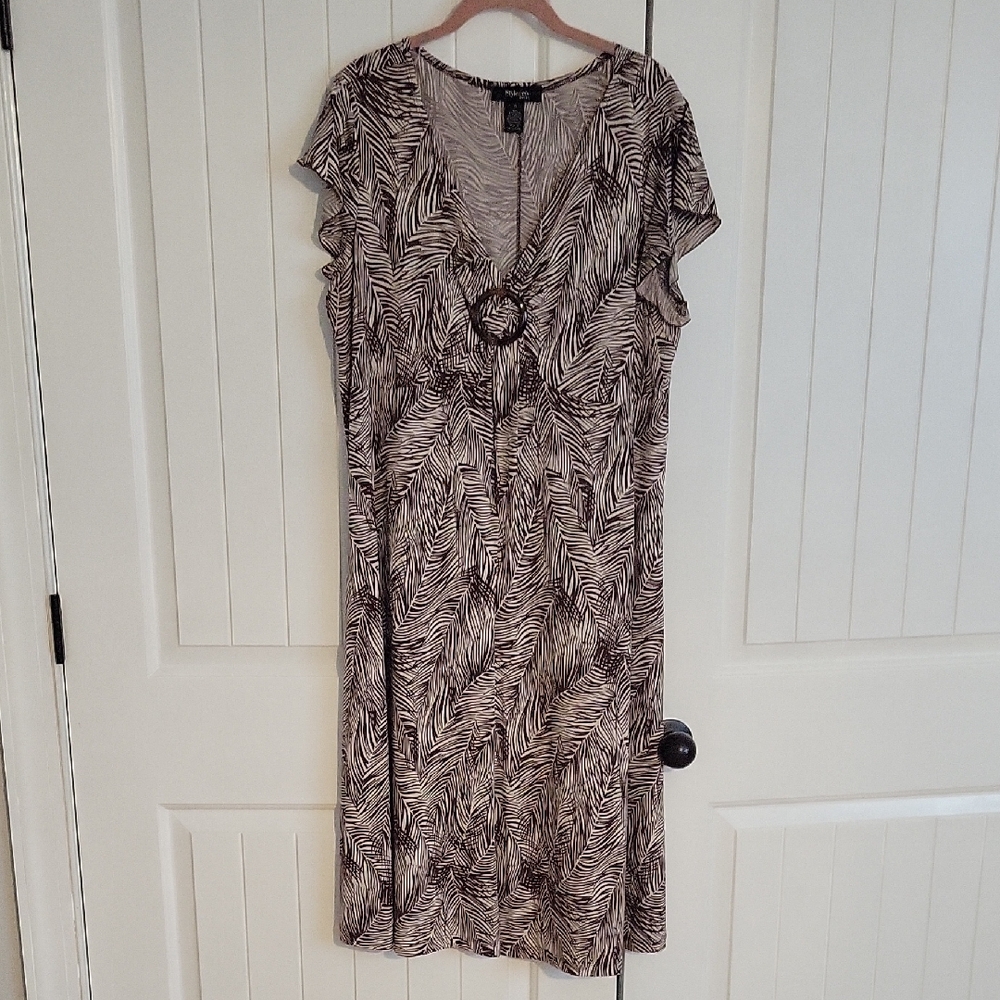 Style & Co Brown Midi Dress with Flutter Sleeves and V-Neck